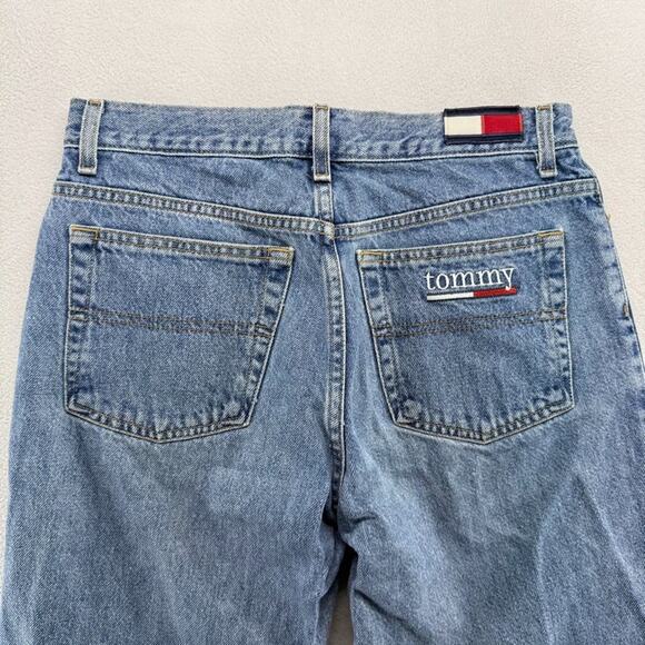 Vintage Tommy Hilfiger Jeans Women's 9/32 Fits 29x29 Blue Big Flag Spellout 90s - Picture 1 of 13